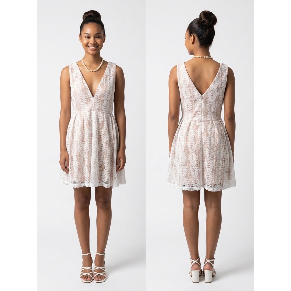 Lulus White Lace V-Neck Fit and Flare Mini Dress Lined Large. Bachelorette Party